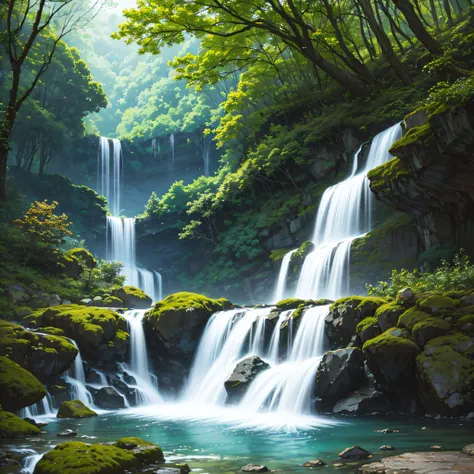 waterfall, water, forest, nature, river, cascade, landscape, green, stream, tree, fall, park, tropical, rock, stone, jungle, lake, flow, spring, scenery, trees, moss, mountain, fresh, pond