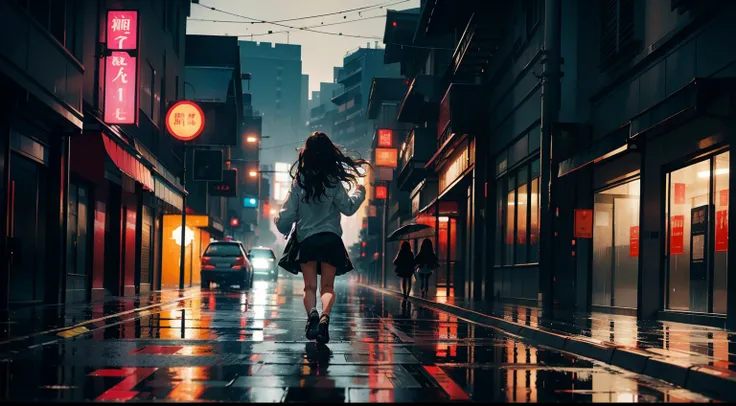 Girl, dark brown wavy hair. Girl walking alone in rain