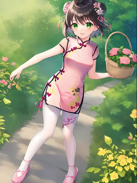 1 girl, solo, masterpiece, highres, ultra details, CG quality, cute loli, full body, (black hair:1.3), green eyes, high quality eyes, high quality hands, (twin buns:1.3), (hair ribbons:1.3), (short hair:1.6), (pink short cheongsam:1.6), no sleeves, small b...