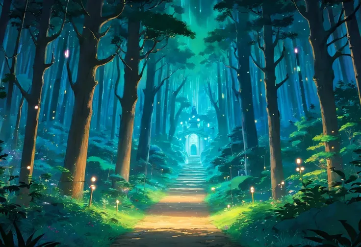 solid color backdrop, forest with lights at night