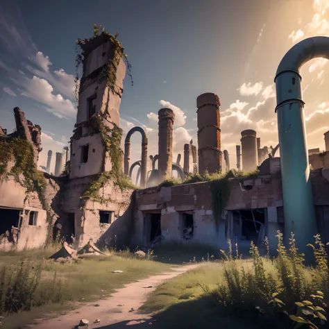 ruins, ruins of town, ruins of fabric, village, abandoned village, the dead village, pipes, factory chimneys