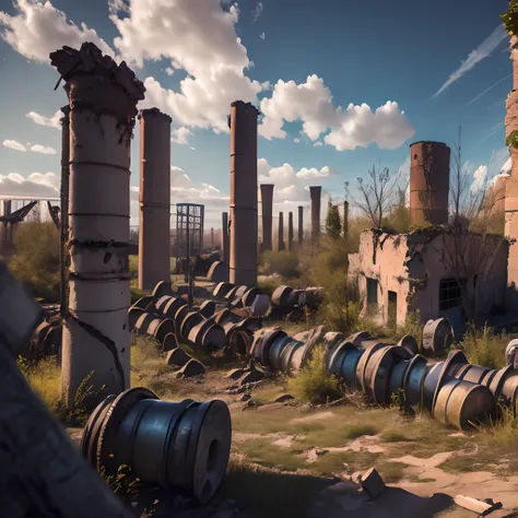 ruins, ruins of town, ruins of fabric, village, abandoned village, the dead village, pipes, factory chimneys