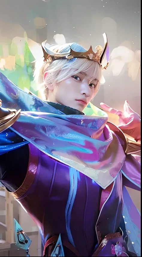 1 man, blonde hair, blue robe, Wearing Wearing a crown,