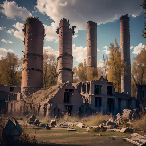 ruins, ruins of town, ruins of fabric, village, abandoned village, the dead village, pipes, factory chimneys