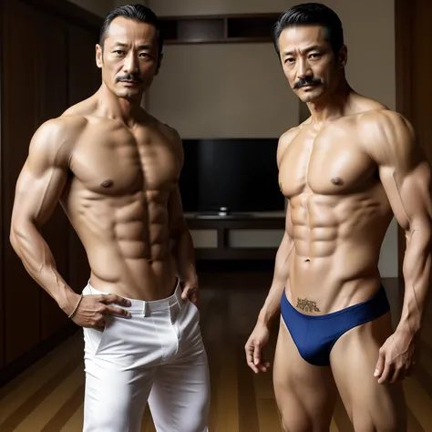 45 yers old，Hidetoshi Nakata ，（Kogoro Mouri 1.3），Two muscular men standing，Naked upper body，Crotch contour，with mustache，tmasterpiece，k hd，skinny pants，Fornication