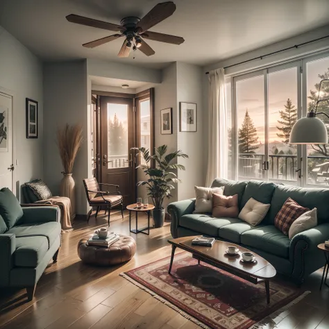 indoors livingroom, scandinavy color scheme, cozy,
glass door, wooden door frame, piano, sofa, armchair, table, bar under stair, wine rack,
polished concrete floor, ceiling fan, picture frame, 
twilight,cinematic, twilight sky,
raw photo, high quality, (ma...