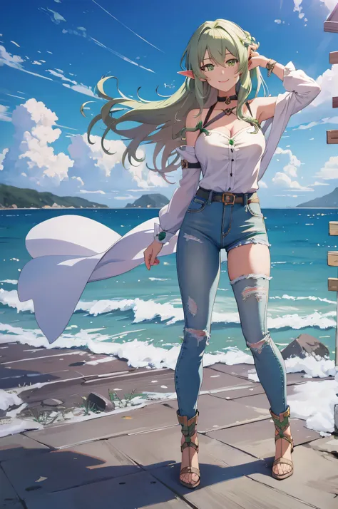 (masterpiece, best quality, detailed) ,1girl, highelfarcher, high elf archer, elf, (green eyes:1.5), (green hair:1.2), hair between eyes, long hair, pointy ears, sidelocks, jeans walking down the street,cute anime girl, pretty anime girl, smooth anime cg a...