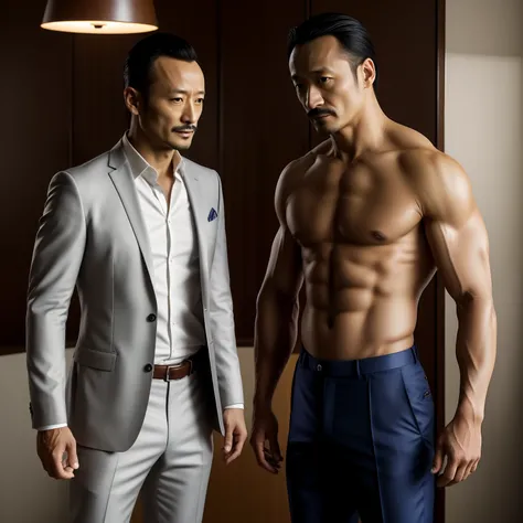 45 yers old，Hidetoshi Nakata ，（Kogoro Mouri 1.3），Two muscular men standing，Naked upper body，Crotch contour，with mustache，tmasterpiece，k hd，Business suit，skinny pants