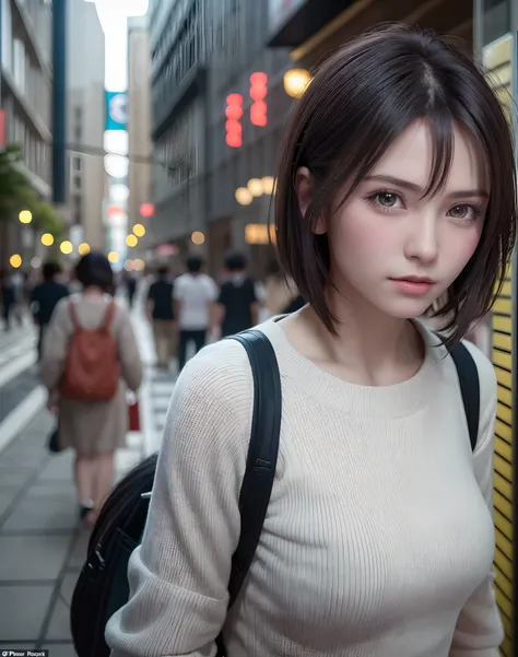 (​masterpiece: 1.3), (8K, Photorealista, Photo RAW, top-quality: 1.4), Esbian, Walking the streets of Tokyo,  (1girl in), gorgeous faces, (Lifelike face), (A dark-haired, short-haired: 1.3), Gorgeous hairstyle, realisticeyes, beautiful finely detailed eyes...