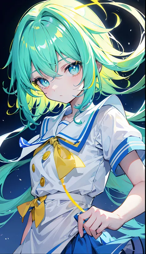 Glowing light bluish yellow with hair and pupils，They are also fluorescent，A school uniform in a glowing blue, yellow, and white color，Very tender and shiny face，It also fluoresces，The whole is shining，Its a sweet loli girl