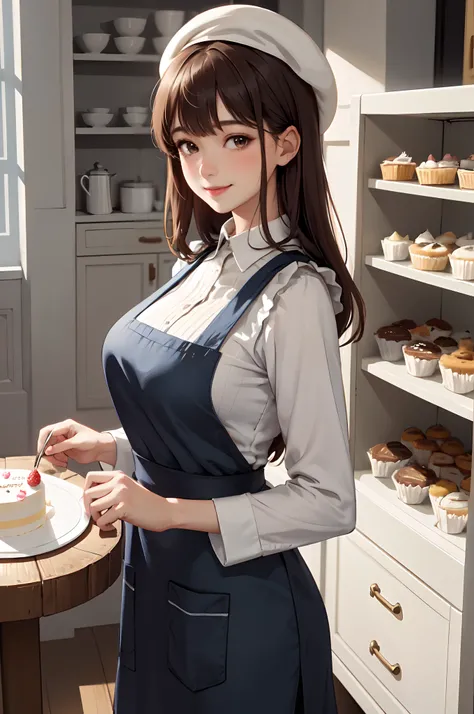 1lady solo standing, /(staff uniform/) apron beret, mature female, /(brown hair/) bangs, blush kind smile, (masterpiece best quality:1.2) delicate illustration ultra-detailed, large breasts BREAK /(cake shop/), detailed background