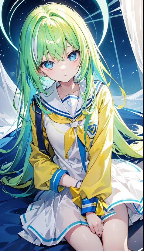 Glowing light bluish yellow with hair and pupils，They are also fluorescent，A school uniform in a glowing blue, yellow, and white color，Very tender and shiny face，It also fluoresces，The whole is shining，Its a sweet loli girl