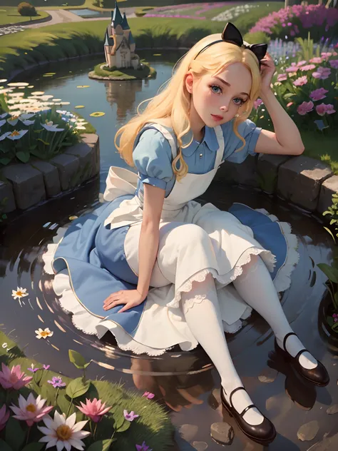 (masterpiece), (best quality), (extremely detailed), alice liddell, blue dress, white apron, black hairband, white long socks, c...