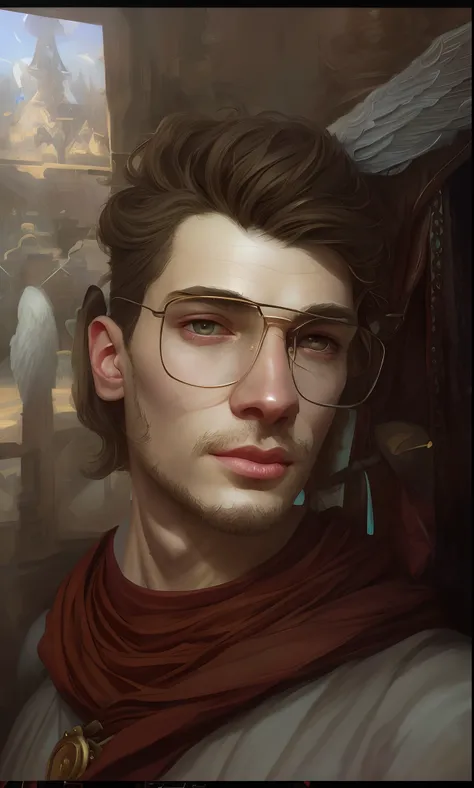 Up close portrait of a male angel, d & d, face, fantasy, intricate, elegant, highly detailed, digital painting, artstation, concept art, smooth, sharp focus, illustration, art by artgerm and greg rutkowski and alphonse mucha