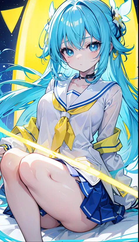 Glowing light bluish yellow with hair and pupils，They are also fluorescent，A school uniform in a glowing blue, yellow, and white color，Very tender and shiny face，It also fluoresces，The whole is shining，Its a sweet loli girl