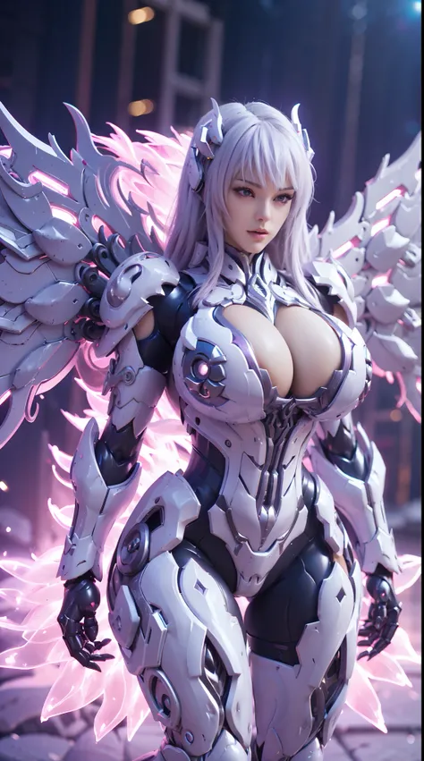 (DRAGON HEAD), HUGE FAKE BOOBS, (BEAUTIFUL FACE), (WHITE HAIR), (WHITE:1.2, PURPLE:0.8, MECHA ARMORED GEAR), (((A PAIR OF  HUGE MECHANICAL WINGS SPREAD OUT))), FUTURISTIC DRAGON MECHA SUIT, (CLEAVAGE), (SKINTIGHT YOGA PANTS), (PERFECT BODY:1.2), FRONT, (ST...