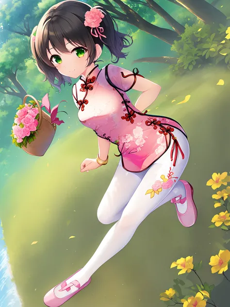 1 girl, solo, masterpiece, highres, ultra details, CG quality, cute loli, full body, (black hair:1.3), green eyes, high quality eyes, high quality hands, (twin pigtails:1.3), (hair ribbons:1.3), (short hair:1.6), (pink short cheongsam:1.6), no sleeves, sma...