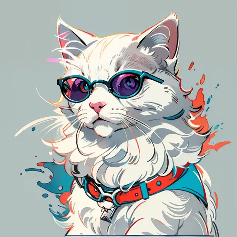 solidbackground、Create pop art style digital artwork, Featuring a white Japan cat wearing glasses, Cinematic color scheme, Energetic brush strokes,The mood must be dynamic, Upper body, Drawing, grayscales, vector、speak english、Plain background