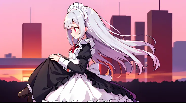 8K picture quality，silber hair,Red-eyed girl,cute little ,Long hair,Heartwarming,a miniskirt,Lolita,A smile,Thumbnail styles，maid clothes，fluffly，full body Esbian,Embarrassed expression,pink sky background,cute background,profile