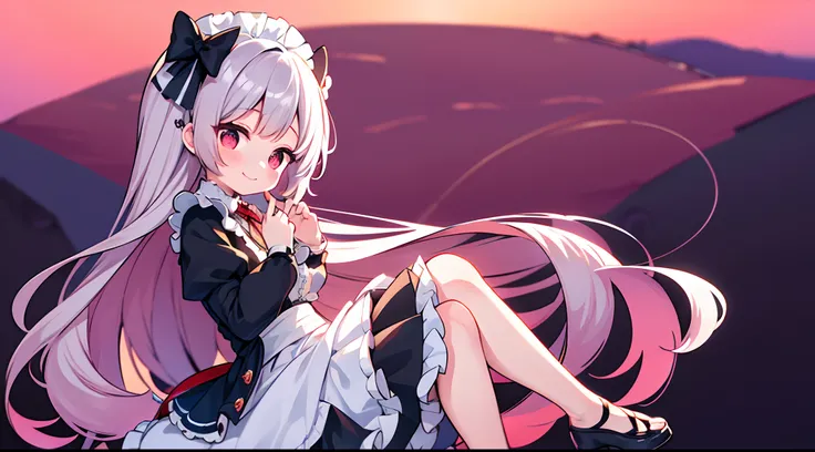 8K picture quality，silber hair,Red-eyed girl,cute little ,Long hair,Heartwarming,a miniskirt,Lolita,A smile,Thumbnail styles，maid clothes，fluffly，full body Esbian,Embarrassed expression,pink sky background,cute background,profile