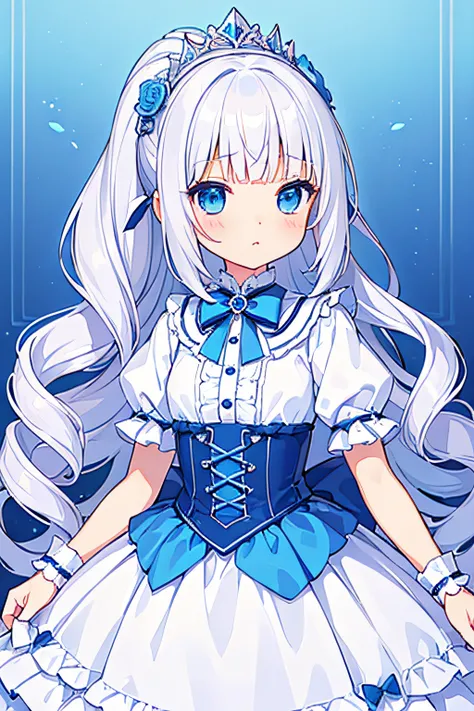 (((tmasterpiece)))、(((top-quality)))、((ultra - detailed))、(illustratio)、((Extremely Delicately Beautiful))，Long white ponytail，Hair spiral，drill bit，Cute loli，White princess dress，Lolita style，Cute big eyes，blue color eyes，White color hair！！！，Blue rose tia...