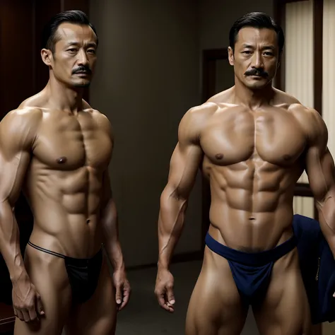 45 yers old，Hidetoshi Nakata ，（Kogoro Mouri 1.3），Two muscular men standing，Naked upper body，Crotch contour，with mustache，tmasterpiece，k hd，Business suit