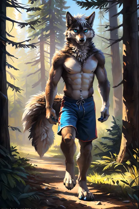 ((Solo)), male people, anthro wolf, (Multi-colored fur, White-brown:1.3，White tail pointed), ((Wolf face, White hair, Big eyes, White eyelids, Blue pupil, Slim:1.2) (Tough, Calm expression:1.2)), Abs, Slim, pinging)), (Correct anatomy), (Work shorts:1.1), ...