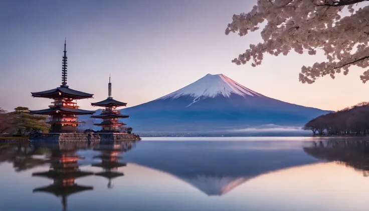 Mt fuji,evening glow,Reflection on the surface of the lake,Full of happiness