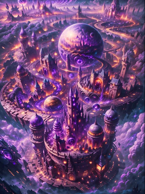 ((master piece)), best quality, (8k, best quality, masterpiece:1.2), ultra-detailed, illustration, big fantasy city, Science fiction, ethereal city, Floating city, many planets in the skies, clouds around, celestial architecture, purple energy scarring aro...