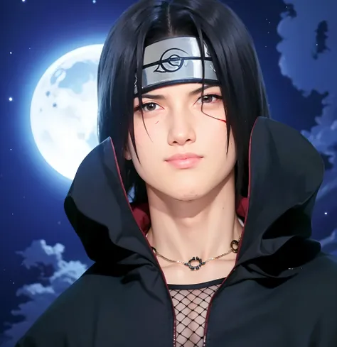 High quality image, masterpiece, detailed hair texture, detailed skin texture, detailed cloth texture, 8k, add fabric details, ultra detailed skin texture, ultra detailed photo, skin pores, portrait of a boy, Itachi Uchiha, scar on his face, red eyes, wear...