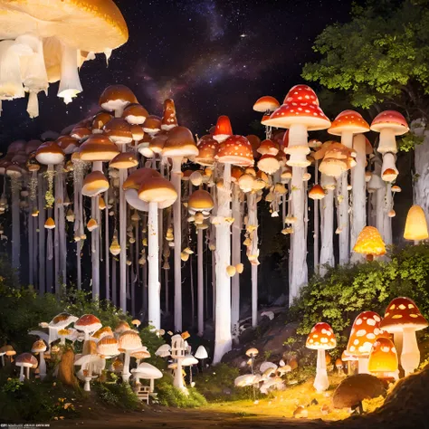 mushroom, fly agaric, many fly agaric, many mushrooms, array of mushrooms, mushrooms, crystall, crystalls, extensive landscape u...