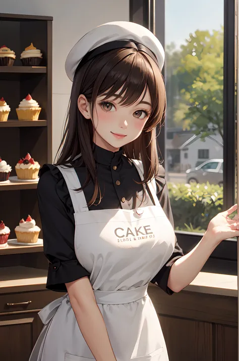 1lady solo standing, /(staff uniform/) apron beret, mature female, /(brown hair/) bangs, blush kind smile, (masterpiece best quality:1.2) delicate illustration ultra-detailed, large breasts BREAK /(cake shop/), detailed background