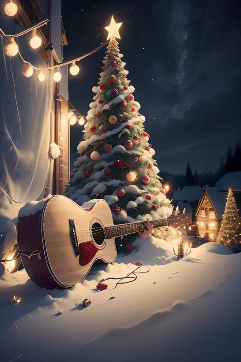 A guitar with a Santa hat and candy cane tucked into the strings, christmas tree with the twinkling lights, fantasy illustration, realistic photography, christmas scene, white background, printable