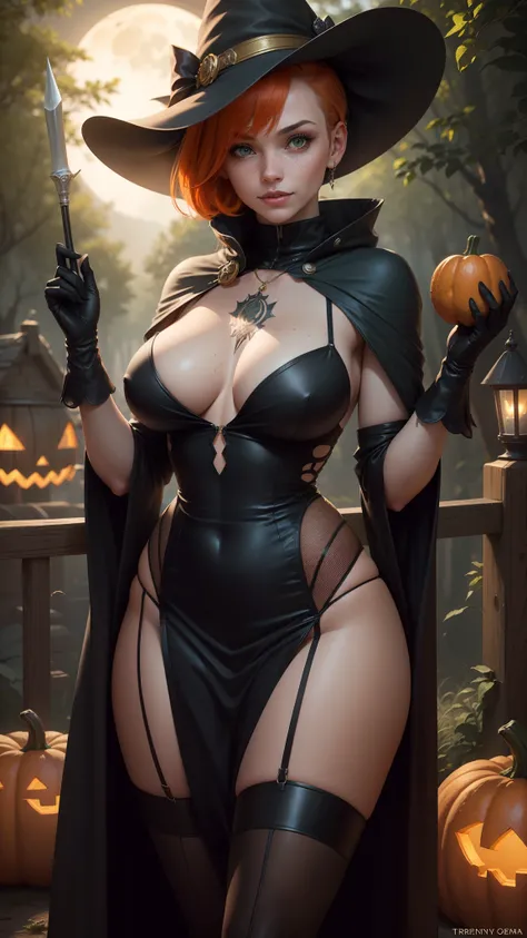 gwen tennyson,tracer,bulma,rebecca chambers,nier automata,solo girl,close up, moonlight,witch costume,gold neck jewelry,body tattoos,long skirt,garter belt,short hair,witch hat,long sleeve top, witch robes,holding a wand,pumpkin village,witch cloak,hallowe...