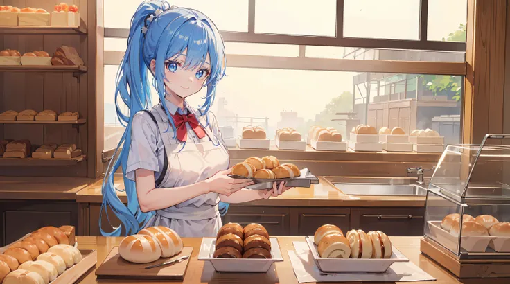 (Best Quality,8K,masutepiece:1.37), Long hair girl with ponytail and blue eyes, Wearing a bakers uniform, Work at a traditional bakery in Japan Baking buns, Sparkling eyes, Big smile.