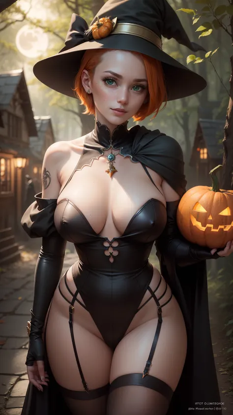 gwen tennyson,tracer,bulma,rebecca chambers,nier automata,solo girl,close up, moonlight,witch costume,gold neck jewelry,body tattoos,micro shorts,garter belt,short hair,witch hat,long sleeve top, witch robes,holding a wand,pumpkin village,witch cloak,hallo...