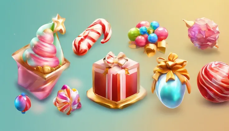 3D vector set of Christmas icons in the style of Ateigailan, Mix realistic and fantastical elements, Realistic and highly detailed rendering of Candy Core, low poly, Soft muted color palette, Watercolor separation type on white