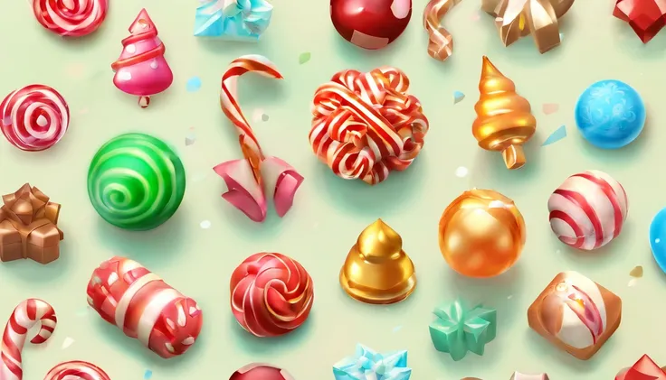 3D vector set of Christmas icons in the style of Ateigailan, Combine realistic and fantastical elements, Realistic and highly detailed rendering of Candy Core, low poly, Soft muted color palette, Watercolor separation type on white background