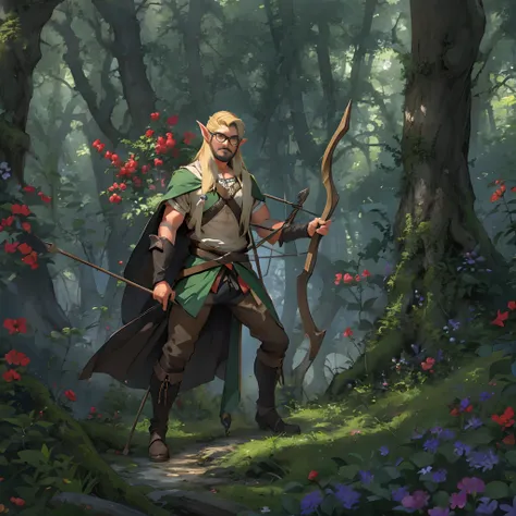 David, male elf, elven glasses, elf archer clothes, long blonde hair, black beard, elf ears, elven physique, in a forrest, good anatomy, masterpiece, holding a bow