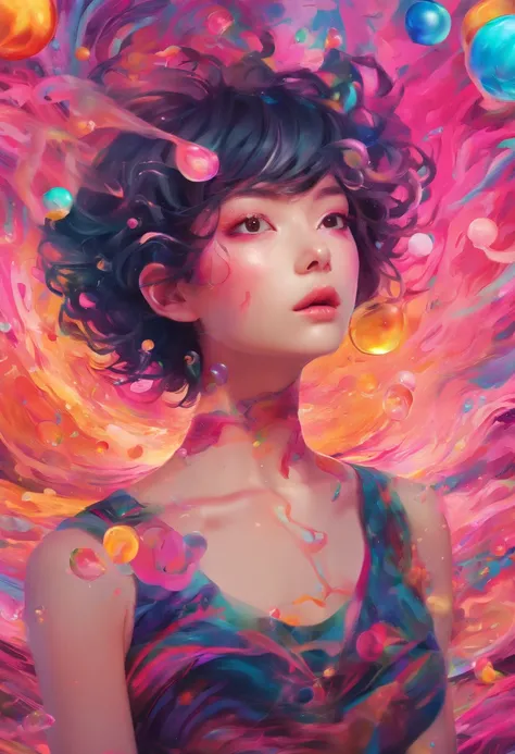 ((top-quality, 8K)), (Realistic), (Face Focus: 1.1), (Black and pink: 1.3), Kawaii Girl, short-hair, 
Hair fluttering in the wind, Facing to the side, Look up at your face, Eyes closed, (Sleeveless: 1.1)、Skirt, D Cup Breasts, Countless soap bubbles、