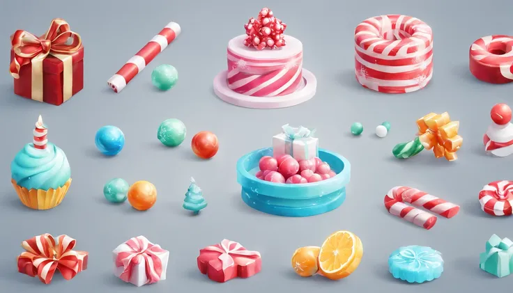 3D vector set of Christmas icons in the style of Ateigailan, Combine realistic and fantastical elements, Realistic and highly detailed rendering of Candy Core, low poly, Soft muted color palette, Watercolor separation type isolated on white background