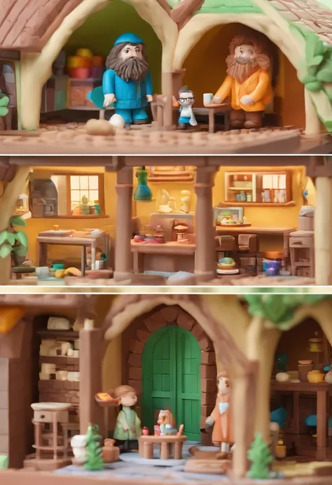 A casa do Hagrid gloria studio, o hipogrifo deitado no jardim, material de argila, estilo de design cartunesco, POP Mart, soft lighting, linhas suaves, Lentes Tilt-Shift, detailed science fiction illustrations, Detalhes hiper-realistas, cor quente