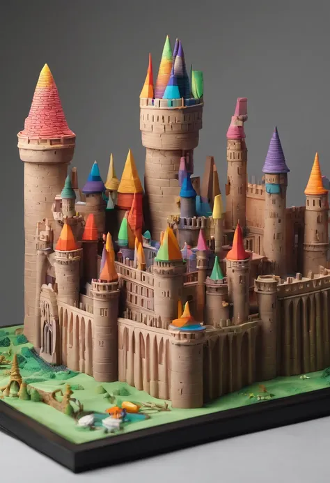 o castelo de hogwarts gloria studio, material de argila, estilo de design cartunesco, POP Mart, soft lighting, linhas suaves, Lentes Tilt-Shift, detailed science fiction illustrations, Detalhes hiper-realistas, cor quente