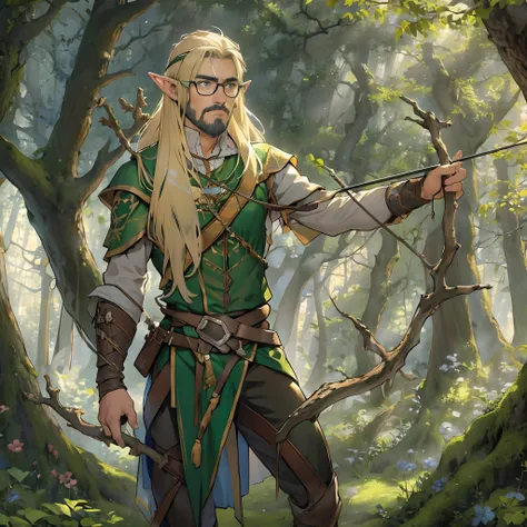 David, male elf, elven glasses, elf archer clothes, long blonde hair, black beard, elf ears, elven physique, in a forrest, good anatomy, masterpiece, holding a bow