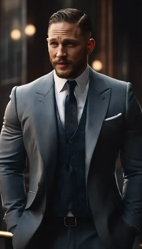 Detailed image of happiness, Tom Hardy smiled with his eyes open ，The look of a big guy in a suit and tie, 8K definition, Photorealistic rendering, Rich colors, using Cinema 4D.