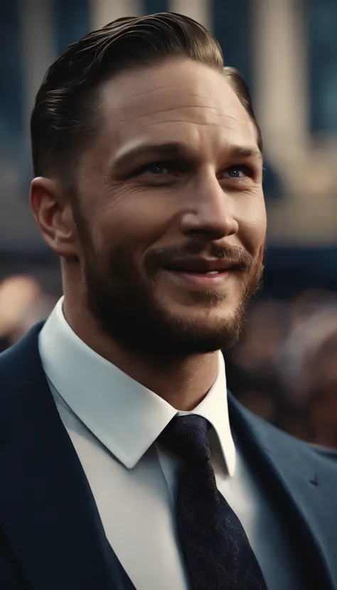 Detailed image of happiness, Tom Hardy smiled with his eyes open ，The look of a big guy in a suit and tie, 8K definition, Photorealistic rendering, Rich colors, using Cinema 4D.