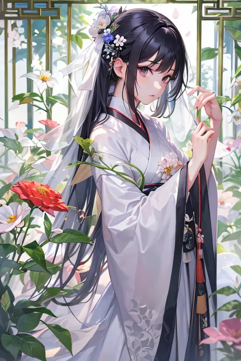 masterpiece, top quality, ultra resolution, 1girl, straight black long hair, perfect face, short height, white hanfu, flowers background