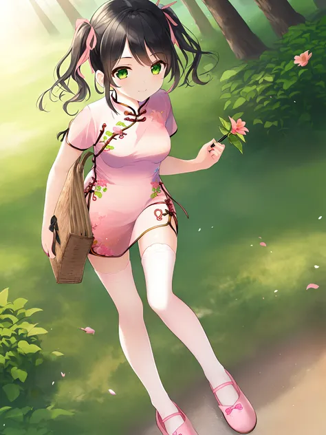 1 girl, solo, masterpiece, highres, ultra details, CG quality, cute loli, full body, (black hair:1.3), green eyes, high quality eyes, high quality hands, (twin pigtails:1.3), (hair ribbons:1.3), (short hair:1.6), (pink short cheongsam:1.6), no sleeves, sma...