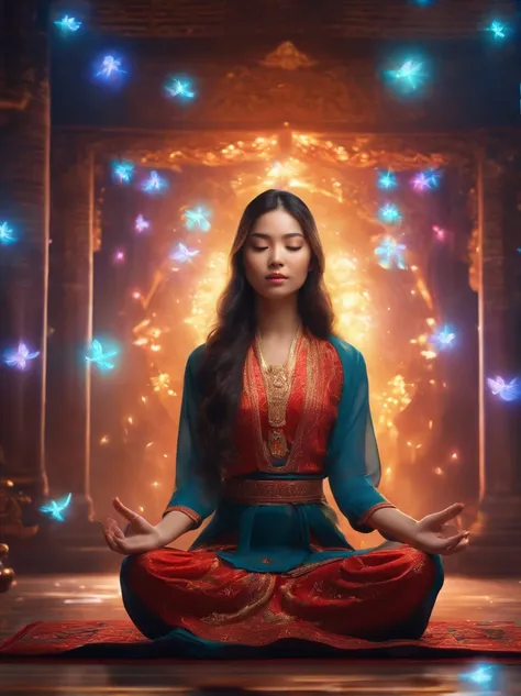 An Asian girl，Meditate cross-legged, at centre，Very bright colors, Light particles, with light glowing, Mshiv, wallpaper art, UHD wallpaper