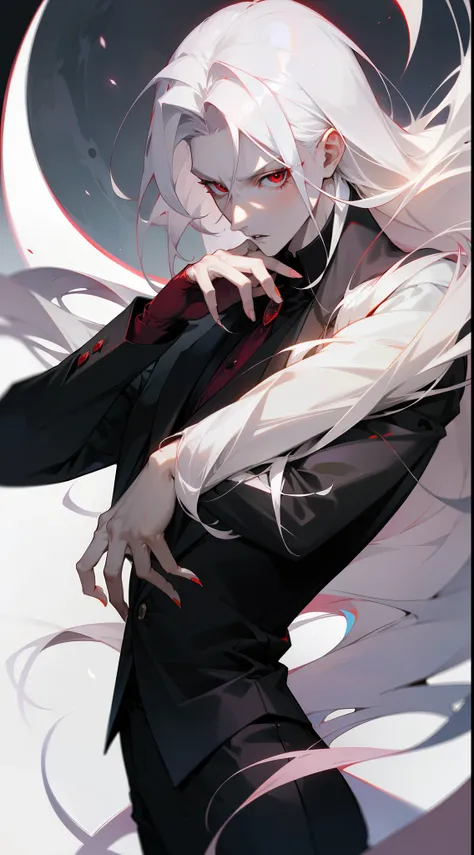 With a graceful stance, a male vampire poses for his portrait. His anime-style appearance is enhanced by his long, white hair and striking red eyes. He wears a tailored suit, adding a touch of sophistication to his pale white skin. The full moon shines bri...